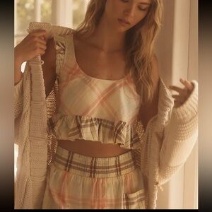 Anthropologie Plaid Ruffle Pajama Set - Pink and Cream